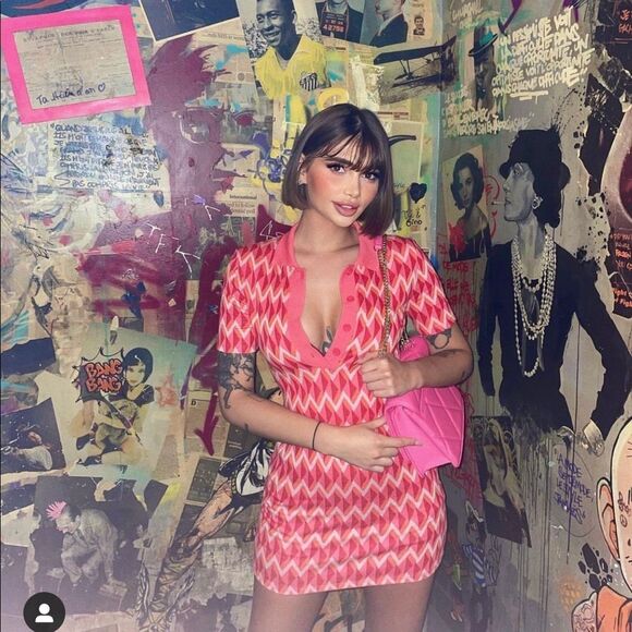 Zara S Pink Orange Zigzag Aztec Polo Bodycon Fitted Dress Clubwear Datenight - Picture 2 of 7